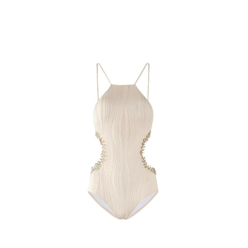 Beige Embellished Side Cutout Monokini Swimwear By Sinderella - Image 7