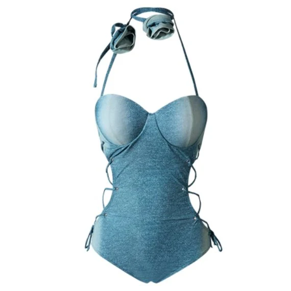 Blue Padded Denim Monokini - One Piece Swimsuit By Sinderella - Image 5