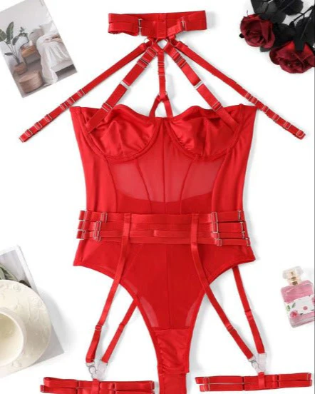 Choke Me Chic Mesh Bondage-Inspired Teddy Lingerie Set - Image 3