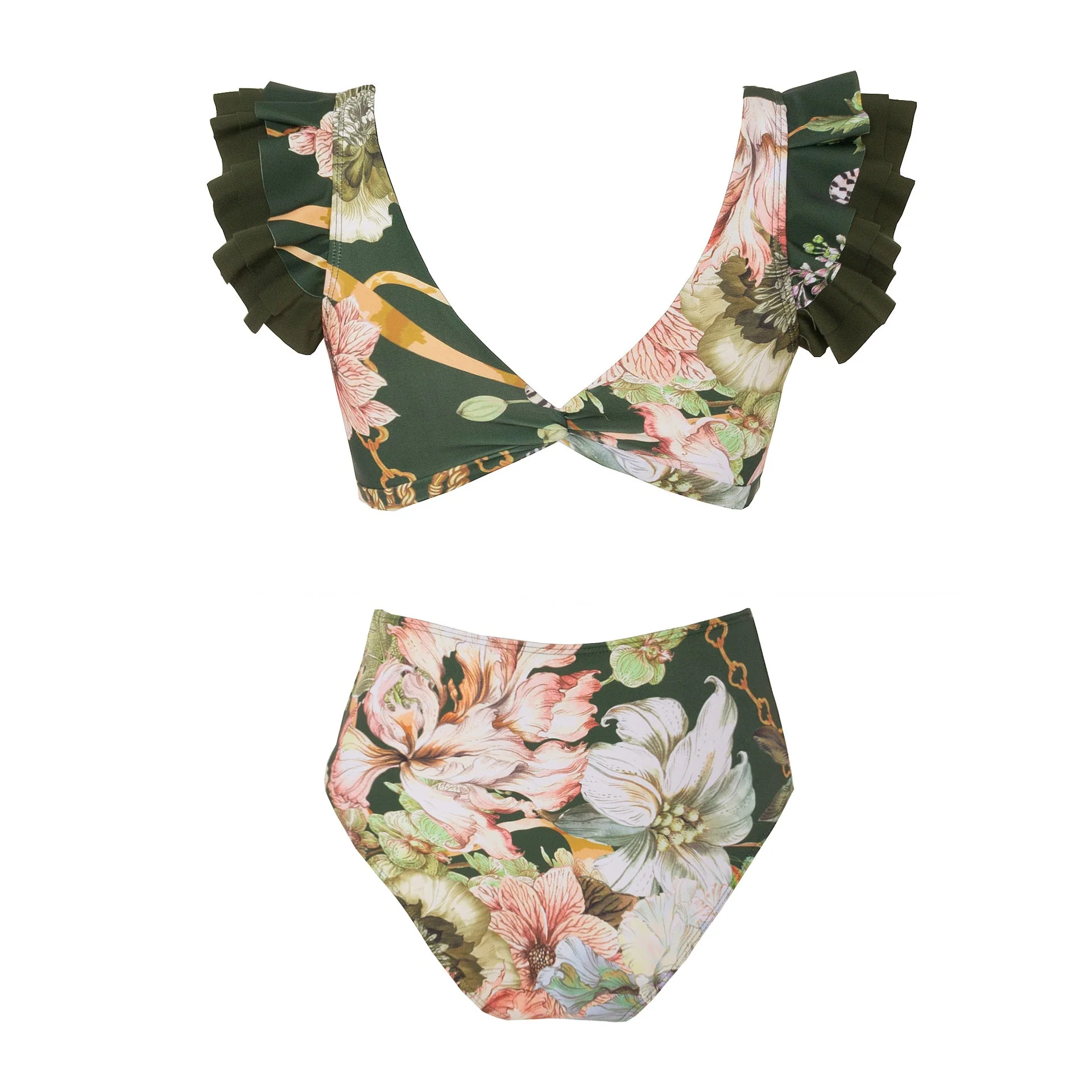 Dark Green Floral High Waisted Two Piece Swimsuit With Ruffled Pencil Skirt by Sinderella - Image 4