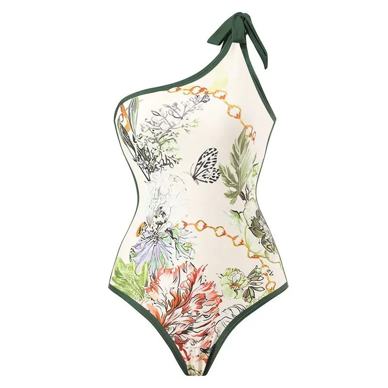Dark Green Floral High Waisted Two Piece Swimsuit With Ruffled Pencil Skirt by Sinderella - Image 8