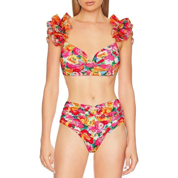 High Waist Floral Two Peice Bikini Set WIth Ruffle Skirt By SInderella - Image 2