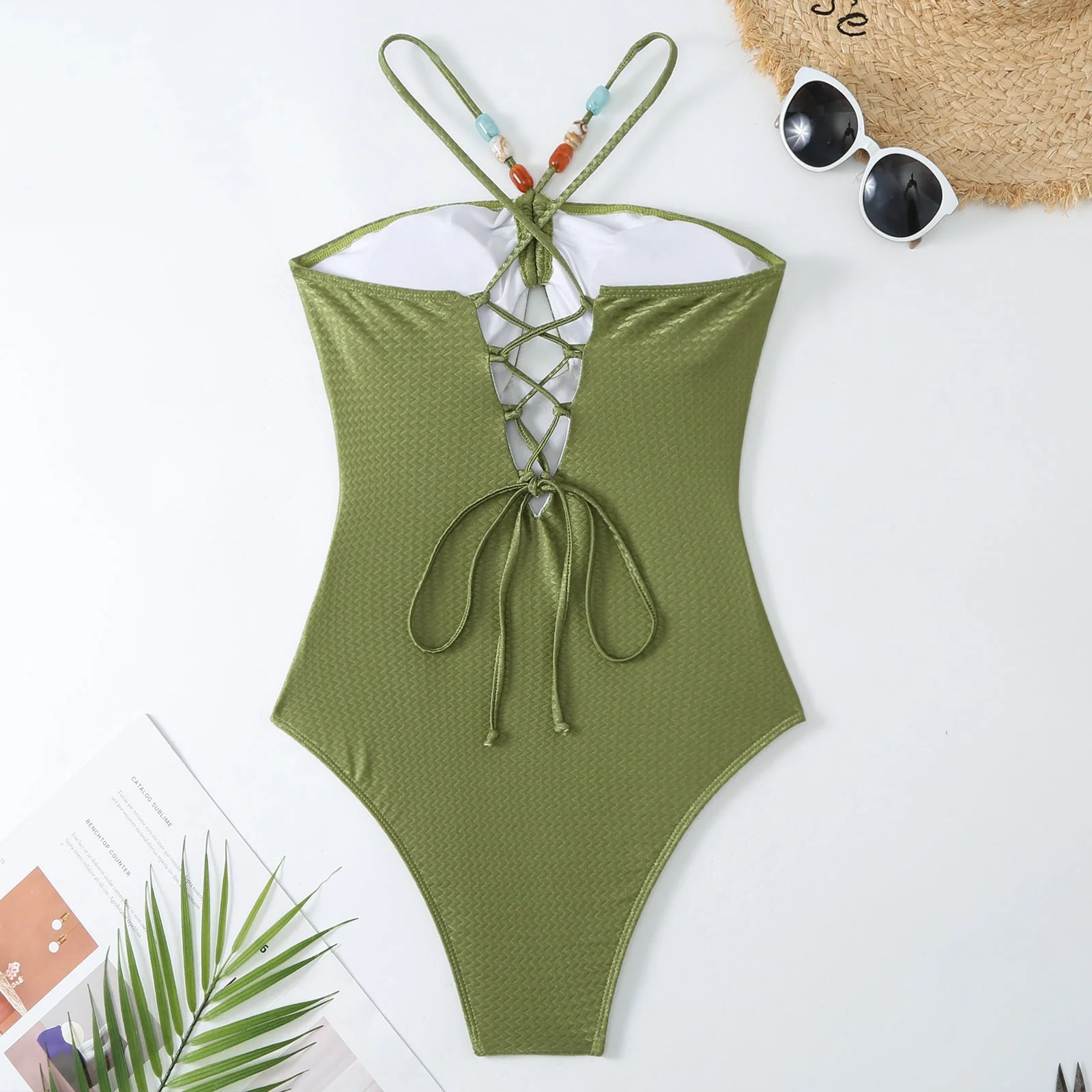 Monokini Back Tieup Solid Color Swimsuit with Floral Sarong By Sinderella - Image 12