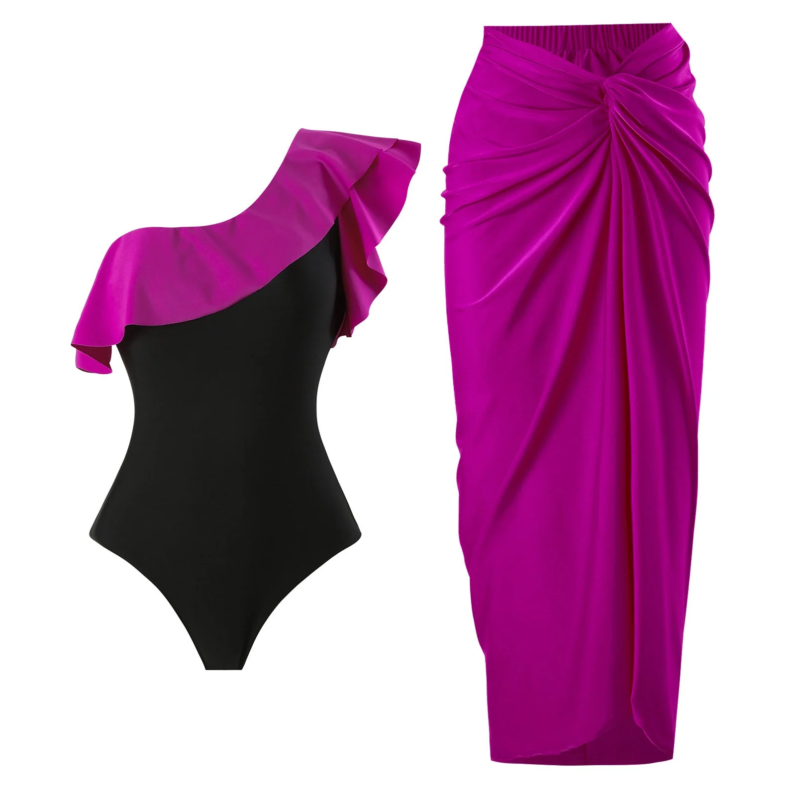 Monokini One Shoulder Black and Pink Swimsuit With Coverup Skirt By Sinderella - Image 5