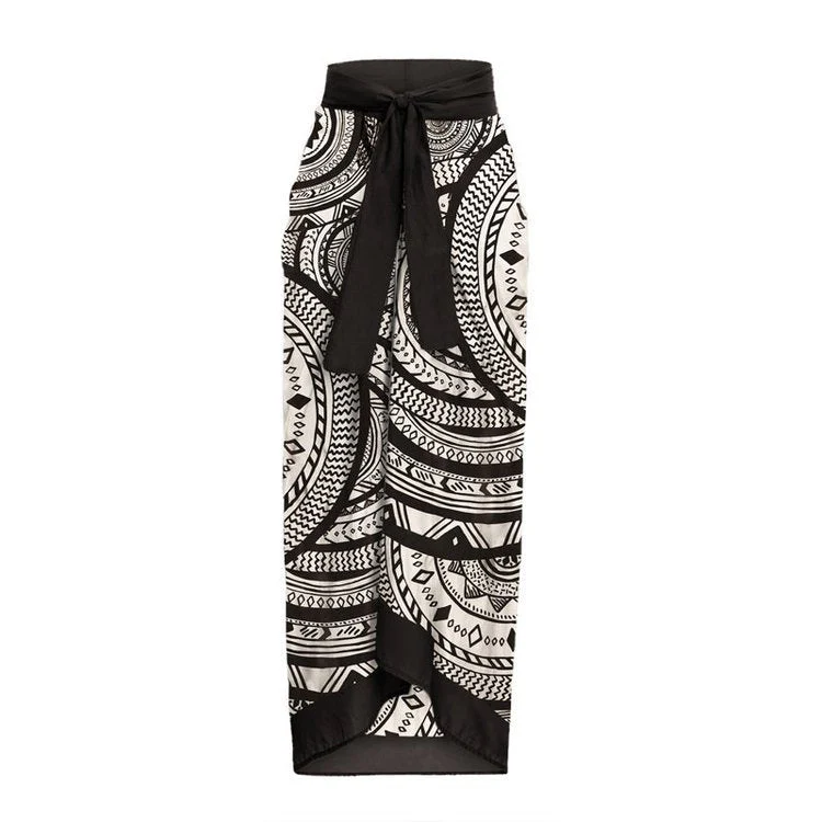 Black Ruffle Sleeves High Waisted Two Piece Swim Wear With Printed Sarong By Sinderella - Image 3