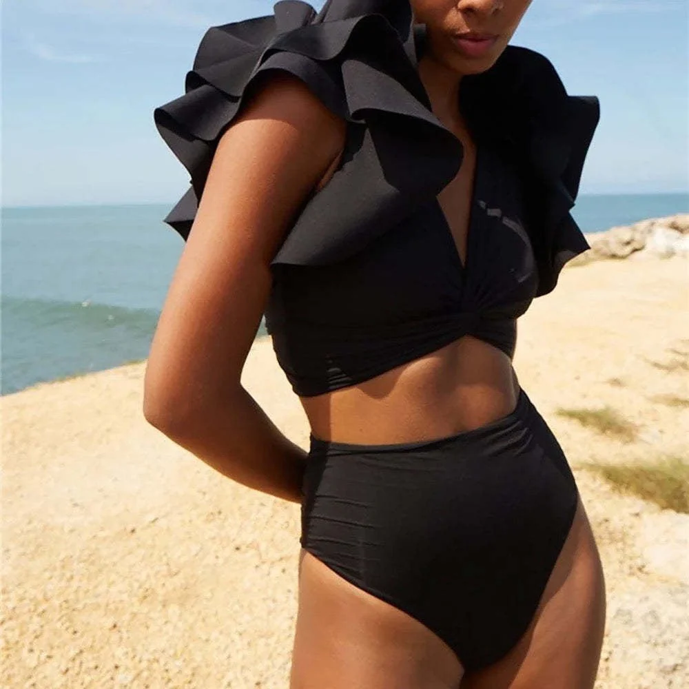 Black Ruffle Sleeves High Waisted Two Piece Swim Wear With Printed Sarong By Sinderella - Image 6