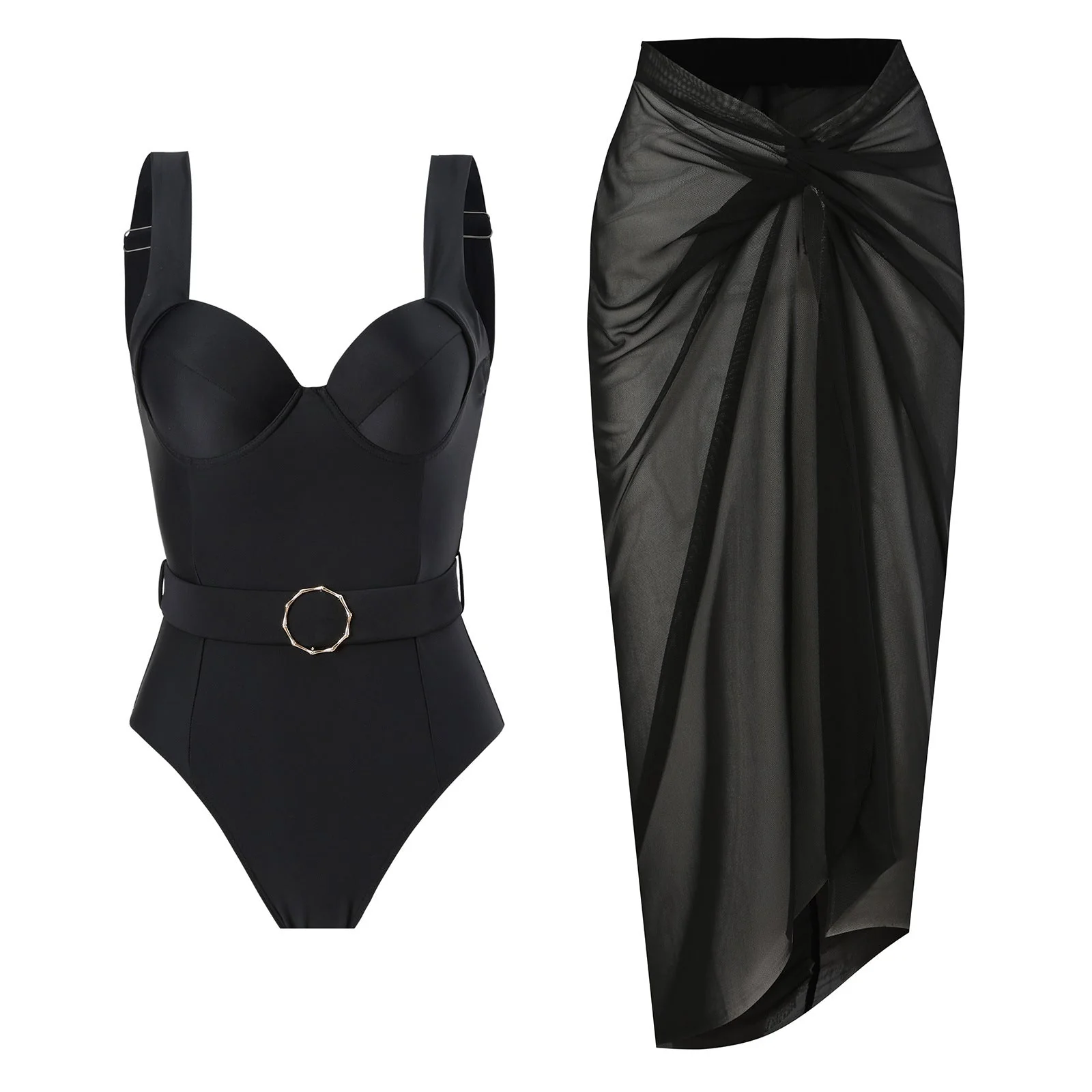 One Peice Solid Color Swimwear with Sarong By Sinderella - Image 2