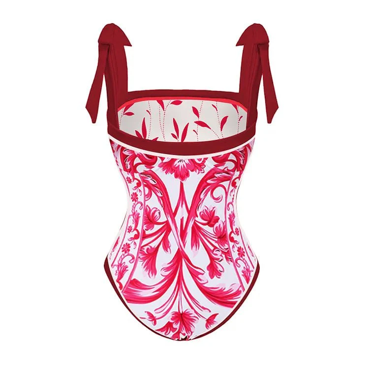 Reversible Red Pink One Piece Tie Up Swimsuit With Floral Skirt By Sinderella - Image 3