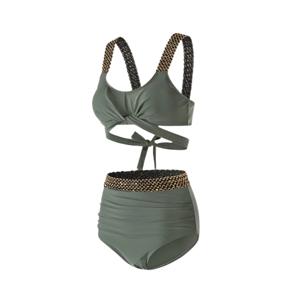 Solid Color With Golden Sequence Straps High Waist Two Piece Swimwear By Sinderella - Image 4
